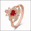 Band Rings Heart Heart Rose Gold Zirconium Princesa Garnet Ring Ring Ring Feminino Feminino Presente Inclado a zircão Coroa Droga 202 Sexyhanz DH3JM