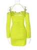 Mozision Autumn Green Off-shoulder Sexy Club Party Dress Female 2022 New Fashion Full Sleeve Bodycon Mini Dress Women Vestido T220819