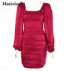 Mozision Satin Women Mini Dress Solid Lantern Long Sleave Square Collar Ruched Bodycon Sexy Dresses Party Autumn Club Vestidos T220819