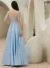 Sky Blue A-Line Evening Dress Luxury For Women Sexig V Neck ärmlös promklänning Hög SLIT med fjäder på axeln 2022 Nyaste