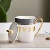 UPS Mugs Pretty Heart Mug With Lid Porcelain Gold Decoration Cute Coffee Tea Milk Cup Office Drinkware Birthday Gfit For Her Mom GirlMugs