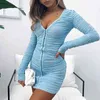 Mozision Mesh Double Layer BodyCon Mini Dress for Women Autumn V Neck Zipper Långärmad mager draperad klänning Vestidos Streetwear T220819