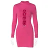 Mozision Sexy Hollow Out Skinny Mini Dresses Women Rose Pink O Neck Long Sleeve Bodycon Dresses Solid High Waist Slim Dress T220819