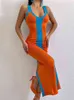 Stickade panelerade långa klänningar för kvinnor 2022 Bakre delad spaghetti rem sexig bodycon klänning damer smal rygglös sommarrock t220819