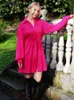 Mnealways18 Fashion Women Bodycon Cotton Dress Long Sleeve Pleated Shirt Fit And Flare Dress Office Lady Classic Dress Rose Pink T220819