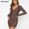 Mozision Mesh Çift Katman Bodycon Mini Elbise Kadınlar İçin Sonbahar V Boyun Fermuar Uzun Kollu Sıska Draplı Elbise Vestidos Sokak Giyim T220819