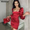 Mozision Satin Women Mini Dress Solid Lantern с длинным рукава