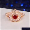 Band Rings Heart Heart Rose Gold Zirconium Princesa Garnet Ring Ring Ring Feminino Feminino Presente Inclado a zircão Coroa Droga 202 Sexyhanz DH3JM