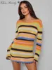 Y2K Arcobaleno Stripe Mini abito lavorato a maglia Donna Manica lunga Sexy O-Collo Abiti corti Donna Estate Autunno Bohemian Beach Club Robe T220819