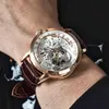 Oblvlo Luxury Casual Watchs Rose Gold Tone Genue Geatin Leather Sweleton Squelette Automatique Relogie Masculin VM