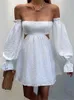 Side with Me 2022 Summer Women Long Lantern Sleeve Sexy Backless Mini Dresses Party Robe Elegant Hollow Out Splicing Woman Dress T220819