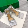 2022 diseñadores Sandalias de tacón alto para mujer Zapatillas Sandalias de malla de cuero sexual Top Designer Sparkle Mesh zapatos de tacón de aguja con tiras y punta cuadrada Tamaño de EE. UU. 6-11