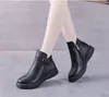 New black Leather Ankle Chelsea Boots shoes platform slip-on round Flat booties chunky half boot High top shoes for women Thick heeled Knight