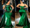 Dark Green Illusion Long Sleeves Evening Dresses For African Girls Lace Appliqued Sequins Elegant Satin Formal Party Wear Peplum Mermaid Prom Vestidos CL0923