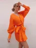 Mnealways18 Casual Women Wrap Dress Lace-Up Bow Orange Linen Dress Summer 2022 Lantern Sleeve Irregular Tunic Dresses Female T220819