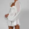 Roupa elegante de festa sexy mini vestido branco de verão quadrado pescoço de mulher lanterna manga chique de corset chiffon vestido t220819