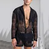 Conjunto de agasalhos masculinos de cor sólida com renda transparente, roupa masculina oca, top outono, gola alta, camisa de manga comprida, shorts 2022, masculino