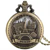 Taschenuhren Vintage Bronze Hollow Building Paris Eiffelturm Display Quarzuhr Halskette Anhänger Souvenir Uhr Fob ChainPocket