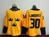 Blank Sweden Jersey Uomo Hockey College Vintage 2016 World Cup Team 30 Henrik Lundqvist Maglie Home Colore giallo Tutte cucite