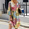 Casual Dresses Summer For Women Plus Size Print O Collar Crewneck 3/4 Bell Sleeve Loose Tunic Dress ELEGANT WOMENCASUAL