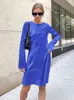 Mnealways18 Flare Sleeves Casual Women Satin Dress Blue Round Neck A-Line Dress Zipper Spring 2022 Spring Fashion Female Dress T220819