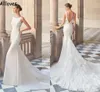 Elegancka satynowa syrena ślubna suknie ślubne koronkowe aplikacje klejnotów bez rękawów Boho Bridal Dress Court pociąg seksowne otwarte mody