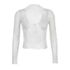 Camicette da donna Camicie Camicia corta con motivo floreale in pizzo Top See Through Sheer Mesh Yarn Splicing Front Open Lace-Up Slim Sexy Wild Shirt