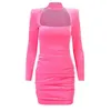 Pink Sexy Fluorescent Powder Slim Fit Skirt Fairy Skirt Velvet High Collar Hollow Square Collar Shoulder Pad Long Sleeve Dress T220819