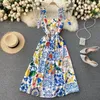 Abiti casual Fashion Runway Summer Dress 2022 Cinturino per spaghetti da donna senza schienale Stampa floreale in porcellana blu e bianca lunga