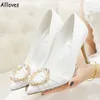 Scarpe da sposa bianche da 7 cm per la cerimonia nuziale Eleganti perle Pieghe Décolleté con tacco Scarpe da donna con punta a punta Stiletto AL9855