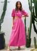 Mnealways18 Holiday Hollow Out Long Dress Pink Puff Sleeves Backless Dress Summer Dresses A-Line Woman 2022 Round Neck Midi Lady T220819