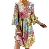 Casual Dresses Summer For Women Plus Size Print O Collar Crewneck 3/4 Bell Sleeve Loose Tunic Dress ELEGANT WOMENCASUAL