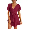 Jupes robe à volants automne col en v jupe courte Sexy femmes été dame manches solide robes de patineuse élégantes robesjupes