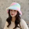 Rainbow Print Winter Warm Furry Bucket Hat Fashion Tie Dye Soft Plush Fisherman Cap Faux Fur Thick Panama Caps For Women Girls