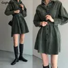 Robes décontractées Femmes Corduroy Automne Ceintures Taille haute Streetwear Style coréen Lantren Manches Lâche Mini Bouton Mode Chic LadyCasual