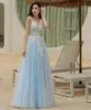 Sky Blue Long Evening Dresses Woman Party Night White Lace A-Line Sexig V Neck Prom Gown 2022 Ny ankomst