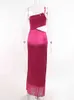 MNEALWAYS18 Luxury Tassel Party Long Dress Retro Rem One Shoulder Summer Pink Evening Dress Floor Length Chic Slit Maxi Dress T220819