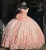 Sexy Vintage 2022 Peach Pink Puffy Quinceanera Dresses Off Shoulder Lace Appliques 3D Floral Flowers Ball Gown Vestidos De Dress Guest