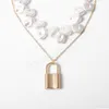 Collier multicouche avec pendentif cadenas en métal doré pour femmes, Vintage, Imitation de perles, clavicule perlée, bijoux à la mode pour filles