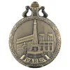 Zakhorloges Vintage Brons Hol Gebouw Parijs Eiffeltoren Display Quartz Horloge Ketting Hanger Souvenir Klok Fob ChainPocket
