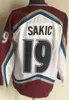 Mężczyźni Hokej Vintage Retro 21 Peter Forsberg Jerseys 19 Joe Sakic 33 Patrick Roy 8 Teemu Selanne 9 Paul Kariya 52 Adam Foote White Burgund