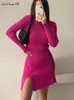 Mnealways18 Long Sleeves Autumn Winter Woman Knitted Dress Office Ladies Turtleneck Bodycon Dresses Split Mini Knitting Dress T220819