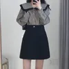 Work Dresses Spring Women's Clothing 2023 Korean Style Doll Collar Plaid Shirt Black Short Skirt Two-piece Suit