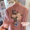 Kvinnors kostymer blazers broderi blomma rosa v-ringning lapel blazer fall långärmad avslappnad lös päls dubbelbröst knapp upp mode wome