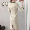 Vestido feminino de manga longa decote em tweed de lã cintura fina na altura do joelho lápis vestidos SMLXLXXL