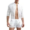 Conjunto de fatos de treino masculinos cor sólida renda ver através de roupa masculina oca para fora outono superior curto gola camisa de manga longa short194s