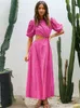 Mnealways18 Holiday Hollow Out Long Dress Pink Puff Riceves платья без спинки летние платья A-Line Женщина 2022 Круглая шея Midi Lady T220819