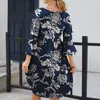 Casual Kleider Sommer Für Frauen Plus Größe Drucken O Kragen Rundhalsausschnitt 3/4 Glocke Ärmel Lose Tunika Kleid Elegante Frauen lässig