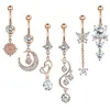 6pcs/set Women Crystal Zircon Moon Heart Dangle Navel Piercing Belly Ring Body Jewelry