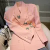 Kvinnors kostymer blazers broderi blomma rosa v-ringning lapel blazer fall långärmad avslappnad lös päls dubbelbröst knapp upp mode wome